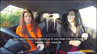 FakeDrivingSchool Double Cumshot In Exciting 3some J video